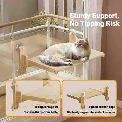 Foldable Solid Wood Cat Window Perch | Heavy Duty Suction Cup Hammock | Space Saving & Breathable Mesh | for Large Cats Home
