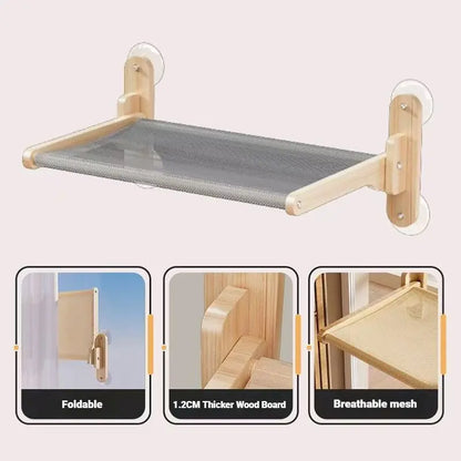 Foldable Solid Wood Cat Window Perch | Heavy Duty Suction Cup Hammock | Space Saving & Breathable Mesh | for Large Cats Home