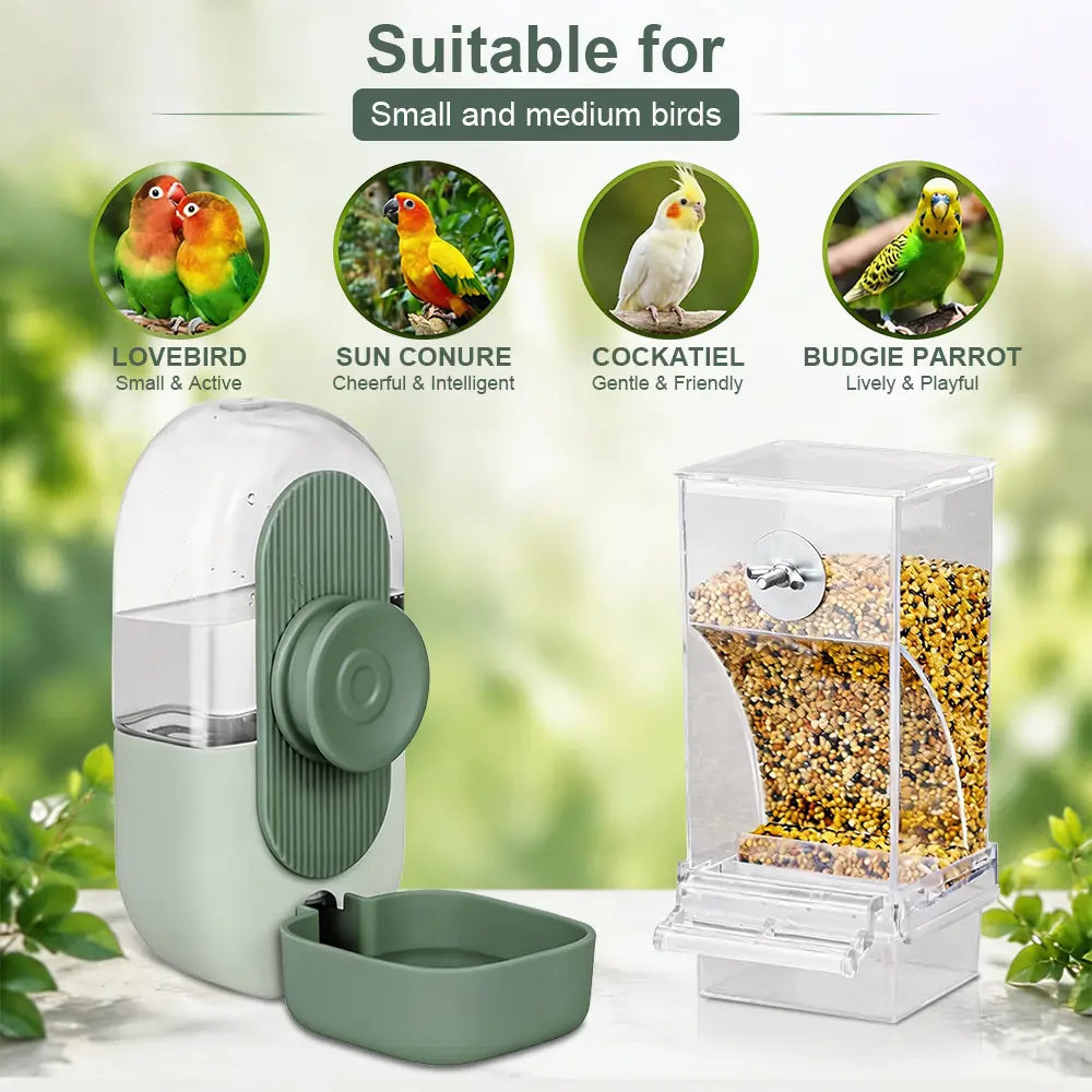 2 Piece Automatic Cage Feeder Water Dispenser Clear Parakeet Seed Container Food Drinker for Cockatiels, Finches, Lovebirds, Budgies, Canaries