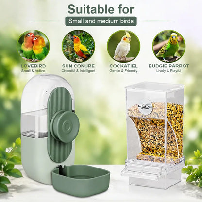 2 Piece Automatic Cage Feeder Water Dispenser Clear Parakeet Seed Container Food Drinker for Cockatiels, Finches, Lovebirds, Budgies, Canaries