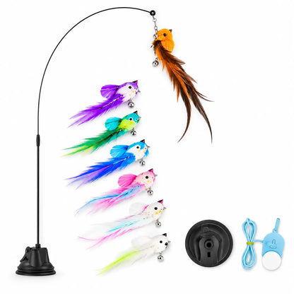 Interactive Bird Cat Toy with Suction Cup Base, Self-Play Feather Wand for Indoor Cats, 7 Replacement Birds with Bells
