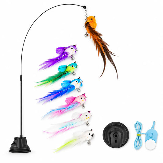 Interactive Bird Cat Toy with Suction Cup Base, Self-Play Feather Wand for Indoor Cats, 7 Replacement Birds with Bells