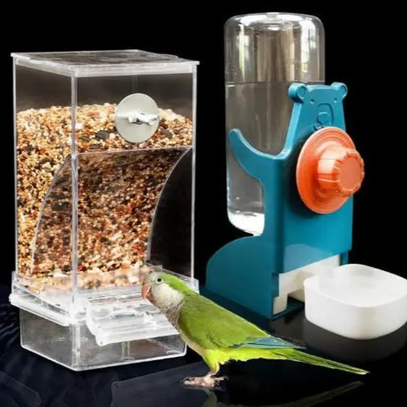 2 Piece Automatic Cage Feeder Water Dispenser Clear Parakeet Seed Container Food Drinker for Cockatiels, Finches, Lovebirds, Budgies, Canaries