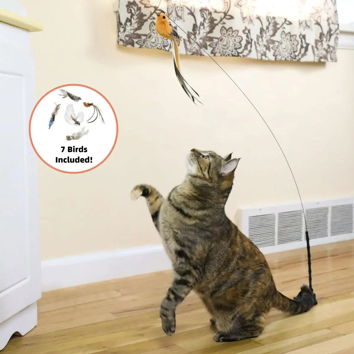 Interactive Bird Cat Toy with Suction Cup Base, Self-Play Feather Wand for Indoor Cats, 7 Replacement Birds with Bells