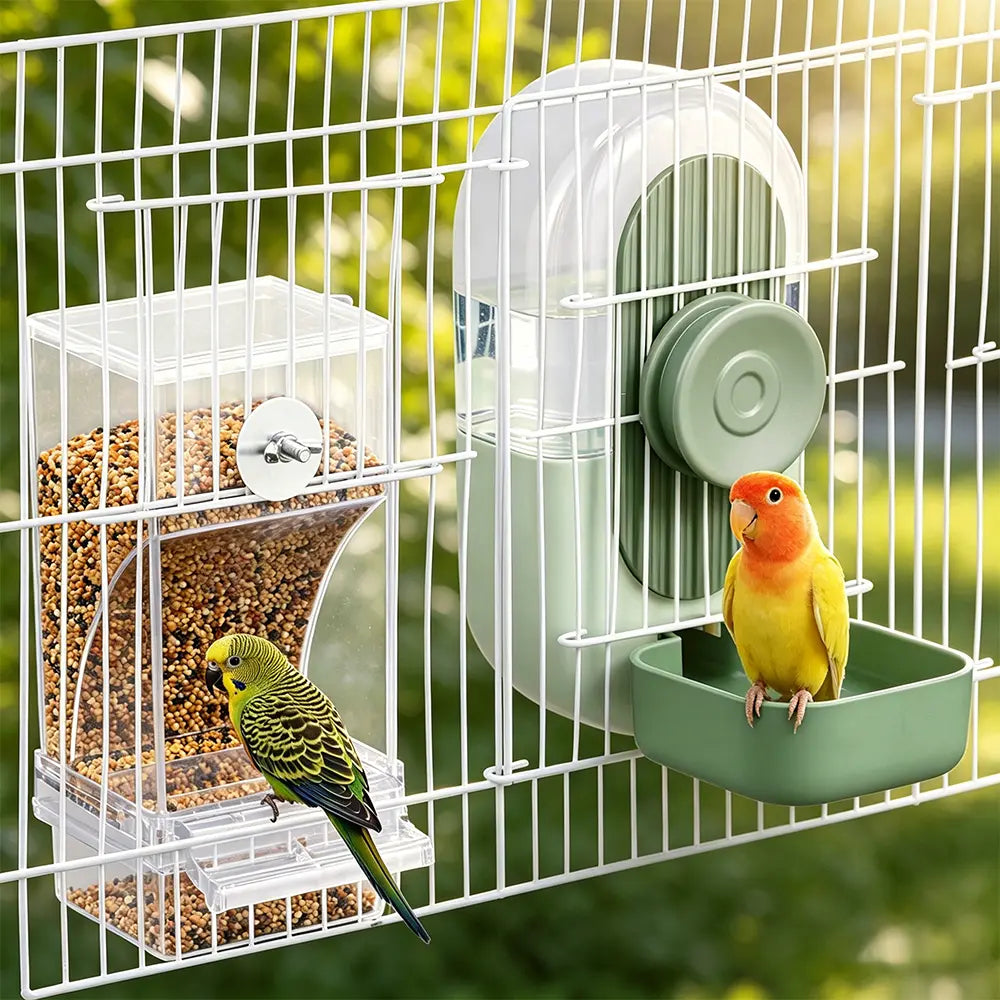 2 Piece Automatic Cage Feeder Water Dispenser Clear Parakeet Seed Container Food Drinker for Cockatiels, Finches, Lovebirds, Budgies, Canaries