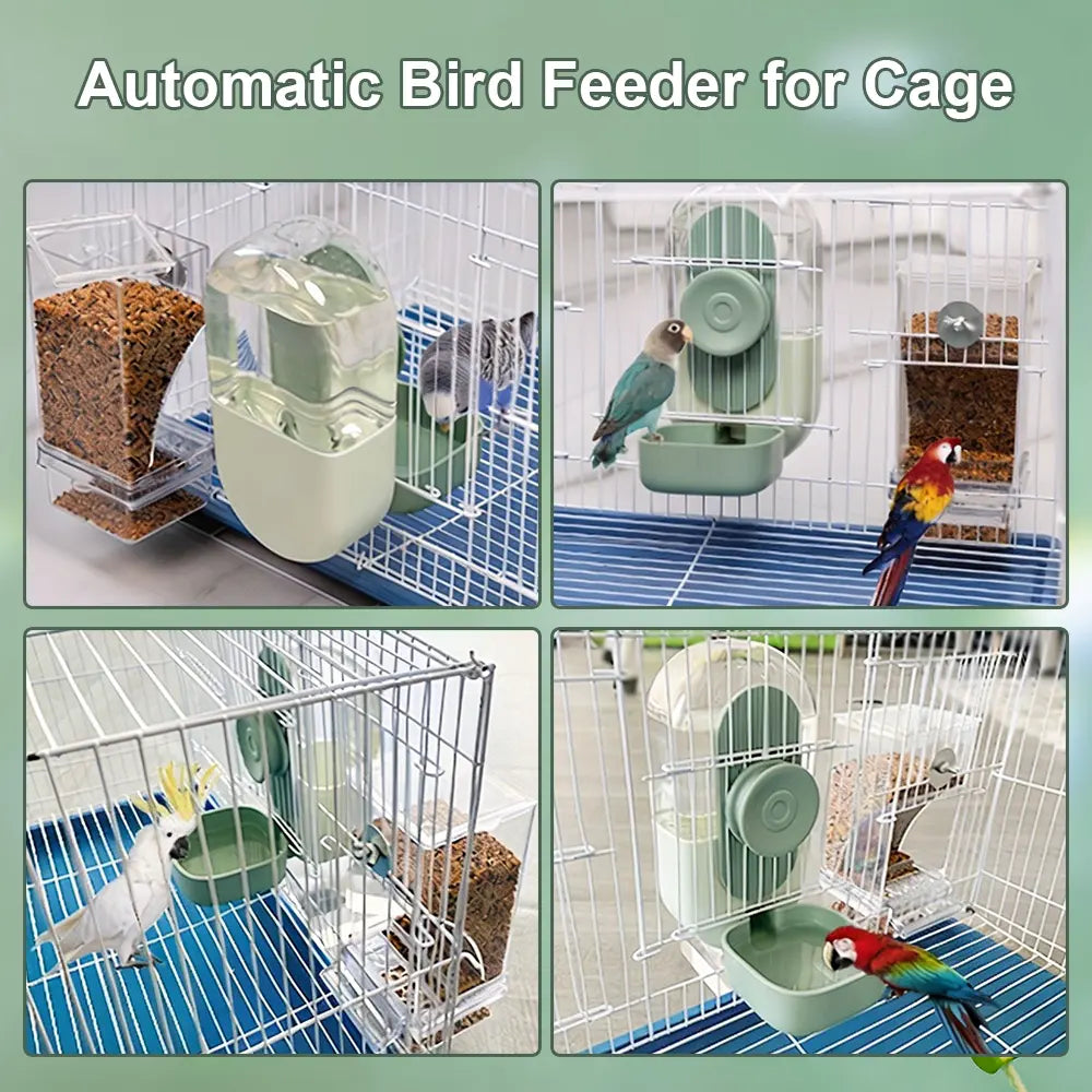 2 Piece Automatic Cage Feeder Water Dispenser Clear Parakeet Seed Container Food Drinker for Cockatiels, Finches, Lovebirds, Budgies, Canaries