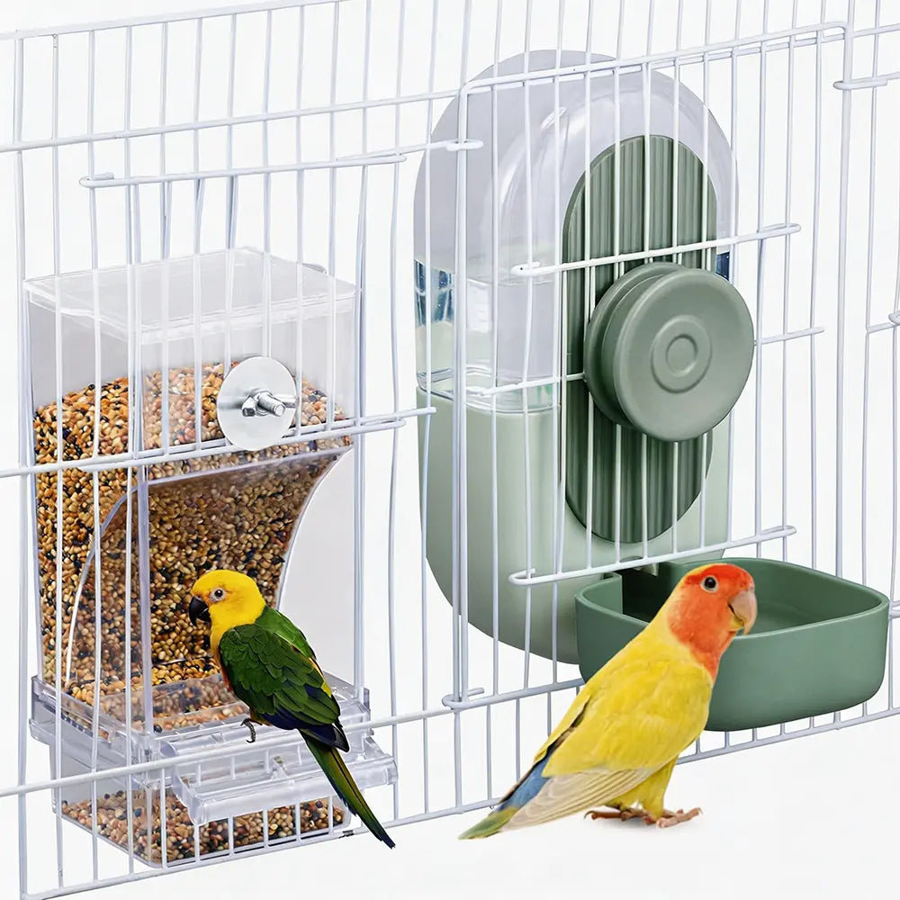 2 Piece Automatic Cage Feeder Water Dispenser Clear Parakeet Seed Container Food Drinker for Cockatiels, Finches, Lovebirds, Budgies, Canaries