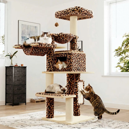 HOOMIC 77" Cat Tree, Ultra-Soft Plush with Thick Scratching Poles, Removable Hammock & Condo, Waterproof Wood Base，Beige & Leopard Print#Tiktokshopdealsforyoudays#Dealsforyoudays#Summervibes#Summergarden