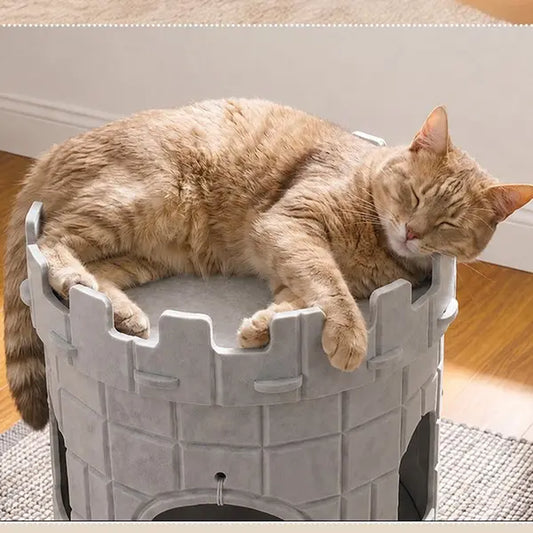 Best Castle Style Cat Cave, Extra Large Scratch Resistant Castle Condo, Large Size Cat Cave, Felt Cat Bed Cave Indoor, Cozy Kitten House with Hanging Ball, Perfect Cat Cave