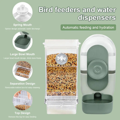 2 Piece Automatic Cage Feeder Water Dispenser Clear Parakeet Seed Container Food Drinker for Cockatiels, Finches, Lovebirds, Budgies, Canaries