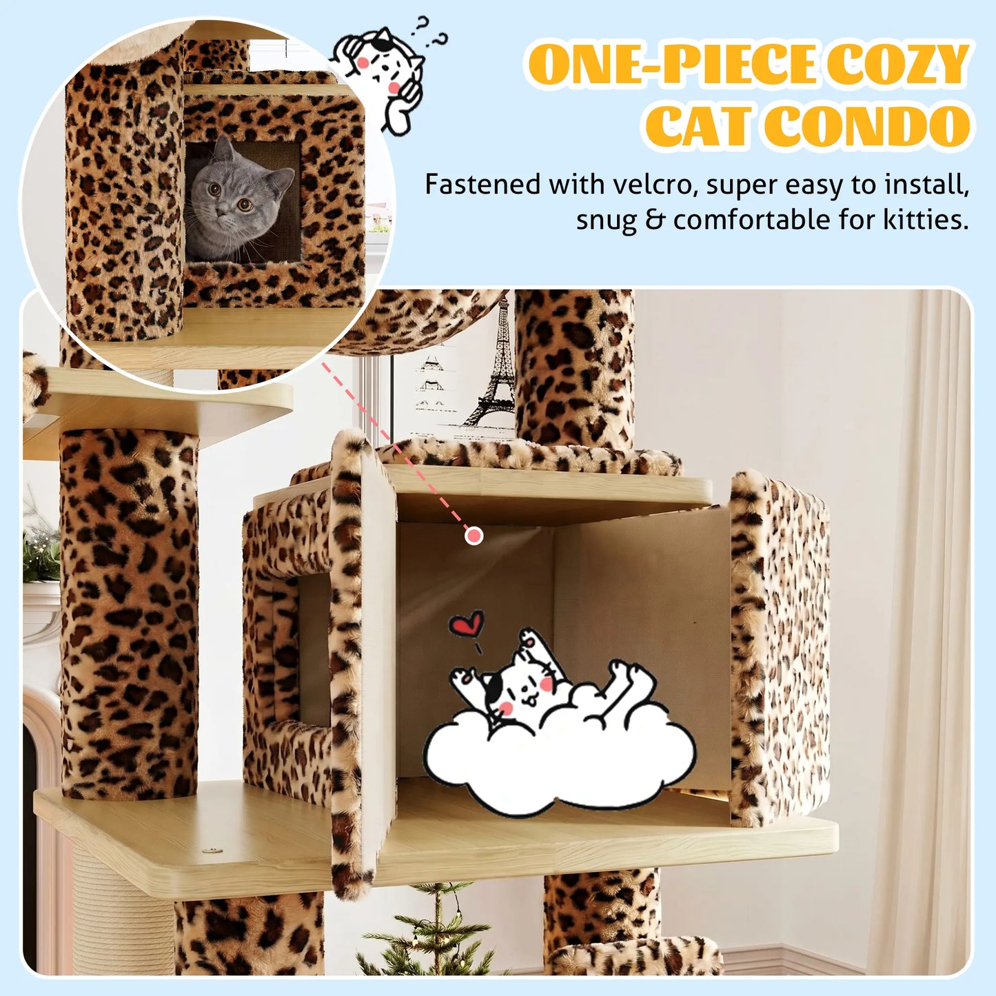 HOOMIC 77" Cat Tree, Ultra-Soft Plush with Thick Scratching Poles, Removable Hammock & Condo, Waterproof Wood Base，Beige & Leopard Print#Tiktokshopdealsforyoudays#Dealsforyoudays#Summervibes#Summergarden
