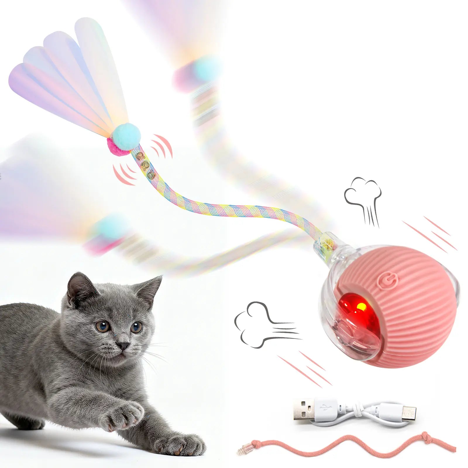 Interactive Cat Toys for Indoor Cats,Usb Rechargeable, Fast Rolling Cat Ball Toy on Rug, Bird Chirping & Motion Activated Cat Ball, Anti-Depression Pet Toy Fun Gift with Light,Playtime Exercise Entertainment