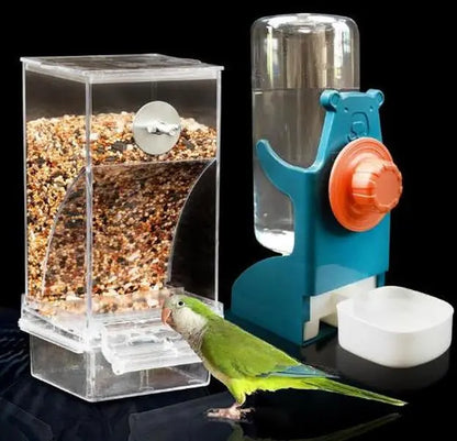 2 Piece Automatic Cage Feeder Water Dispenser Clear Parakeet Seed Container Food Drinker for Cockatiels, Finches, Lovebirds, Budgies, Canaries