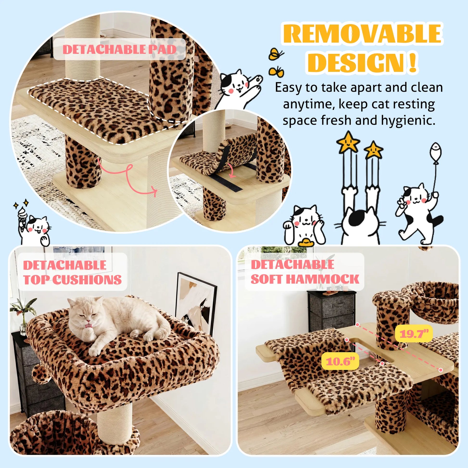 HOOMIC 77" Cat Tree, Ultra-Soft Plush with Thick Scratching Poles, Removable Hammock & Condo, Waterproof Wood Base，Beige & Leopard Print#Tiktokshopdealsforyoudays#Dealsforyoudays#Summervibes#Summergarden