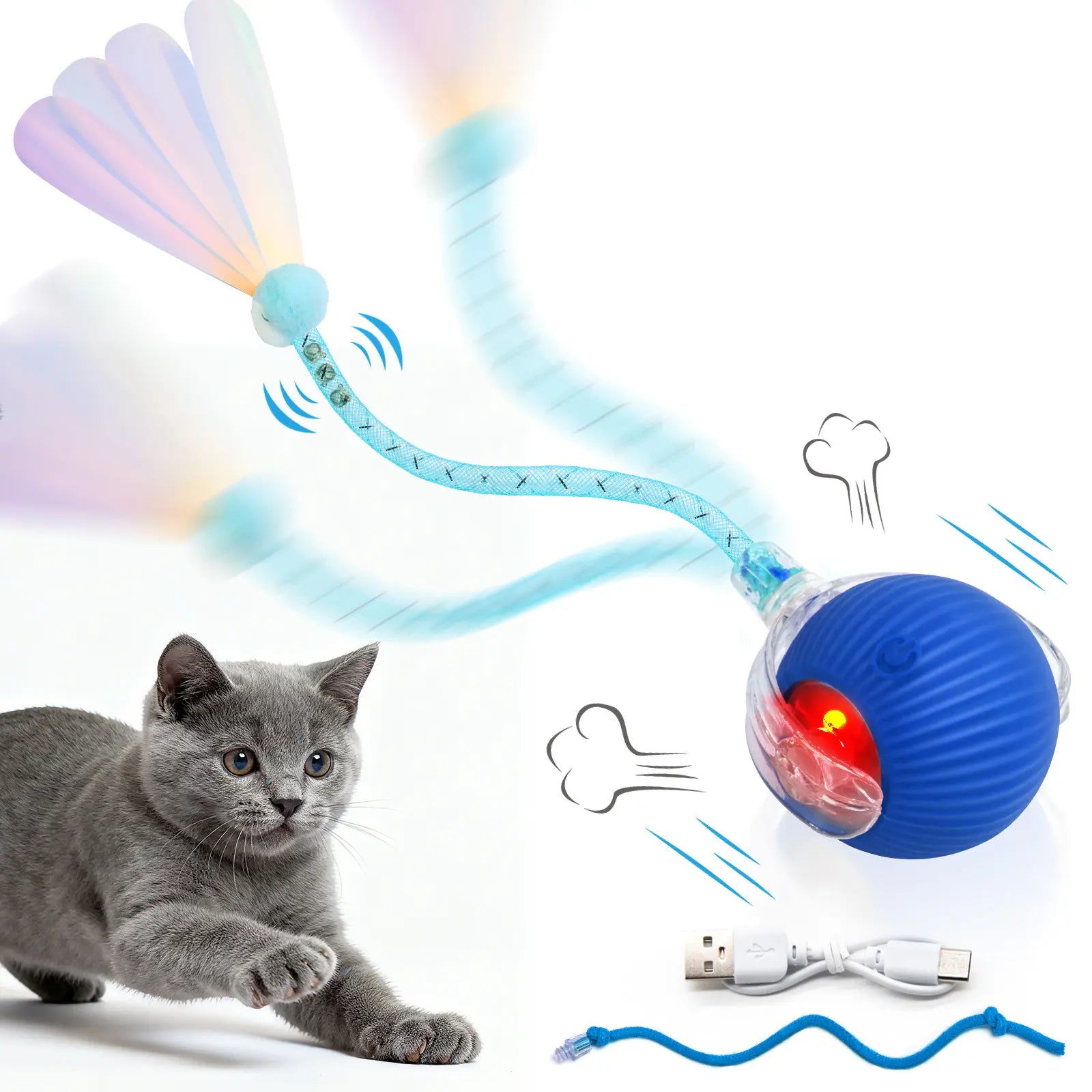 Interactive Cat Toys for Indoor Cats,Usb Rechargeable, Fast Rolling Cat Ball Toy on Rug, Bird Chirping & Motion Activated Cat Ball, Anti-Depression Pet Toy Fun Gift with Light,Playtime Exercise Entertainment