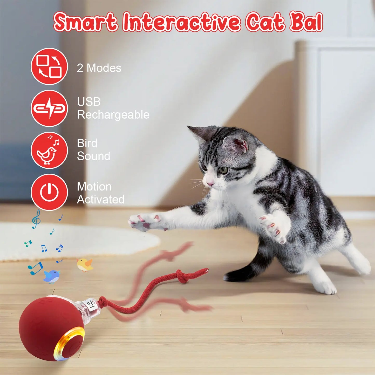 Interactive Cat Toys for Indoor Cats,Usb Rechargeable, Fast Rolling Cat Ball Toy on Rug, Bird Chirping & Motion Activated Cat Ball, Anti-Depression Pet Toy Fun Gift with Light,Playtime Exercise Entertainment