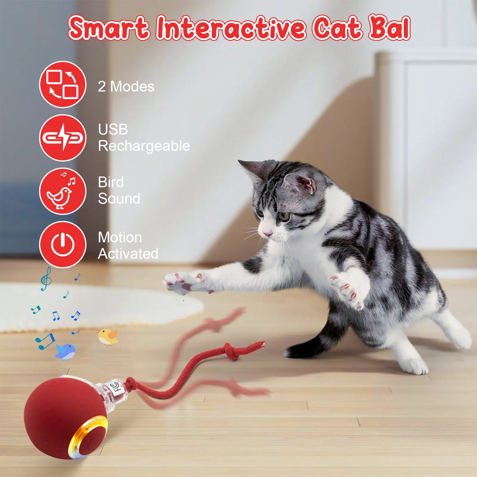 Interactive Cat Toys for Indoor Cats,Usb Rechargeable, Fast Rolling Cat Ball Toy on Rug, Bird Chirping & Motion Activated Cat Ball, Anti-Depression Pet Toy Fun Gift with Light,Playtime Exercise Entertainment